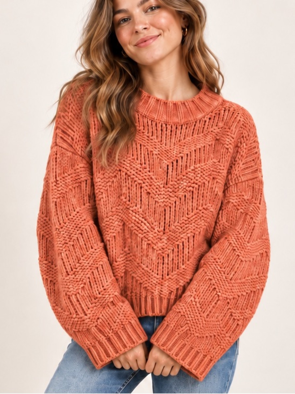 POL Chunky Chenille Chevron Knit Sweater Coral Oversized Boxy Pullover